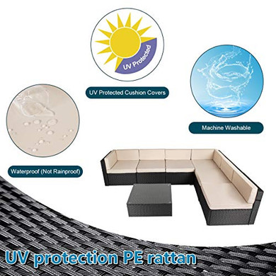 U-MAX 7 Piece Outdoor Patio Furniture Set, PE Rattan Wicker Sofa Set, Outdoor Sectional Furniture Chair Set with Cushions and Tea Table, Black