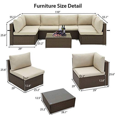 U-MAX 7 Piece Outdoor Patio Furniture Set, PE Rattan Wicker Sofa Set, Outdoor Sectional Furniture Chair Set with Cushions and Tea Table, Brown