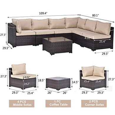 Gotland Outdoor Patio Furniture Set 7 Pieces Sectional Rattan Sofa Set Manual Wicker Patio Conversation Set with A Tempered Class Table and 6 Seat Cushions