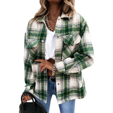 Women New Vintage Lattice Print Elegant Lapel Single-Breasted Loose Shirt Coat Autumn Winter Lady Casual Long Sleeve Jackets