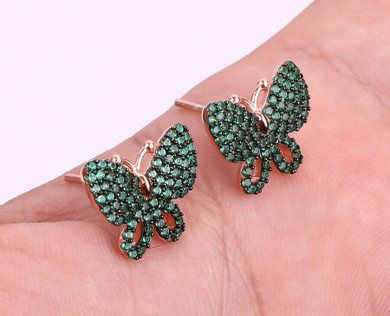 14k Rose Gold Over 1.00Ct Round Green Emerald Butterfly Stud Earrings