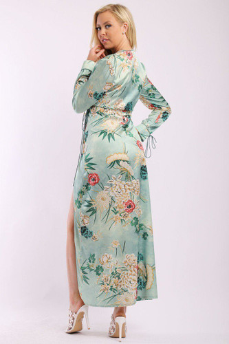 Floral Print, Wrapped, Kimono Style, Satin Dress With Long Sleeves