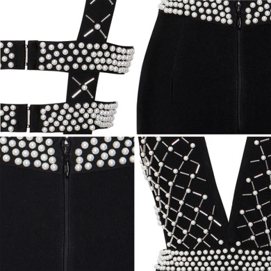 Pearl Beaded Embellished V Neck Sleeveless Cut Out Bodycon Bandage Dress Sexy Party Club Dress
