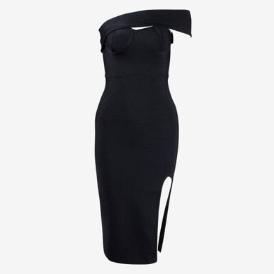 One Shoulder Sleeveless Side Slit Bandage Knee Length Bodycon Dress