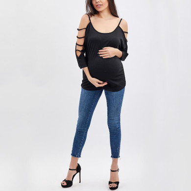 Maternity Open Shoulder Round Neck Hollow Out Plain T-Shirts