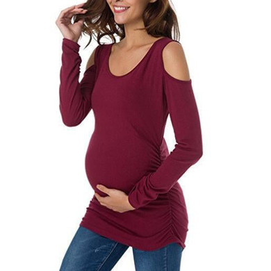 Maternity Cold Shoulder Long Sleeve Scoop Neck Ruched T-Shirt