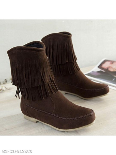 Plain Flat Velvet Round Toe Casual Date Outdoor Mid Calf Flat Boots