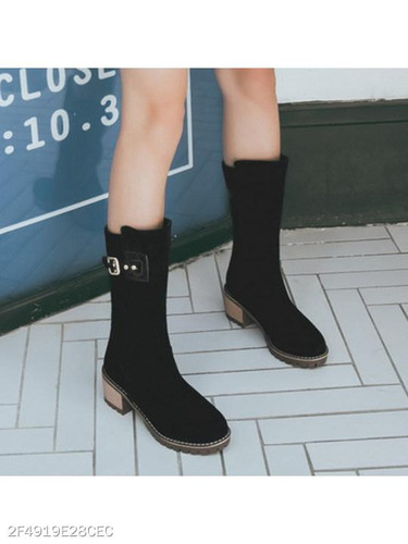 Plain Chunky Mid Heeled Velvet Round Toe Date Outdoor Mid Calf High Heels Boots