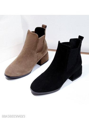 Plain Chunky Mid Heeled Velvet Round Toe Date Office Ankle Boots