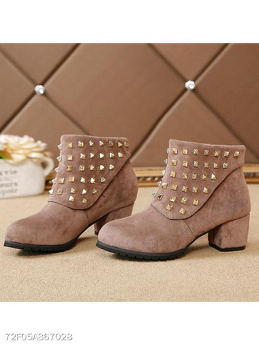 Plain Chunky Mid Heeled Velvet Round Toe Date Outdoor Short High Heels Boots