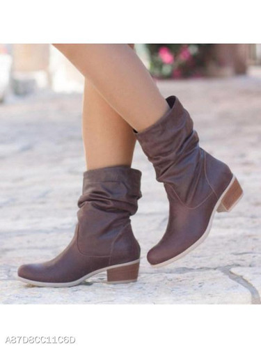 Plain Chunky Mid Heeled Round Toe Date Outdoor Mid Calf High Heels Boots