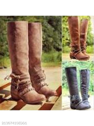 Plain Chunky Low Heeled Round Toe Date Outdoor Knee High Flat Boots