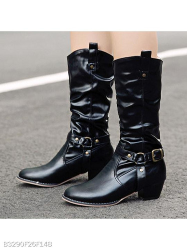 Plain Chunky Low Heeled Round Toe Date Outdoor Mid Calf Flat Boots