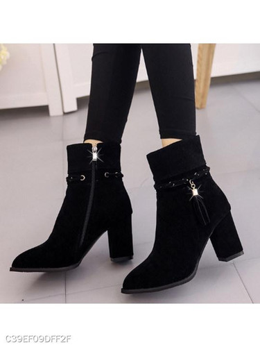 Plain Chunky High Heeled Velvet Point Toe Date Outdoor Short High Heels Boots