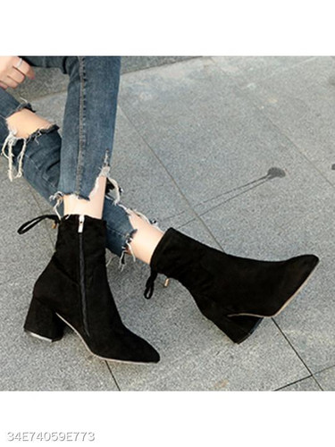 Plain Chunky High Heeled Velvet Round Toe Date Office High Heels Boots