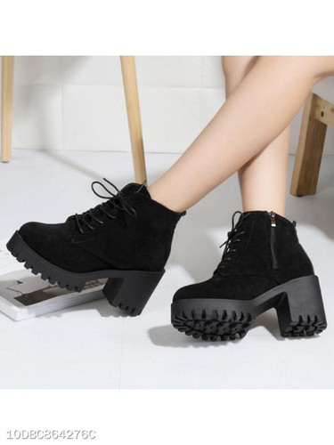 Plain Chunky High Heeled Velvet Criss Cross Round Toe Outdoor Ankle High Heels Boots