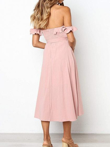 Pink Off Shoulder Ruffle Trim Button Placket Front Midi Dress