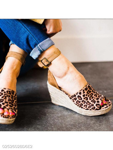 Animal Printed Plain High Heeled Velvet Ankle Strap Peep Toe Casual Date Wedge Sandals