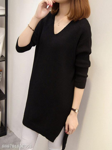 V Neck Side Slit Plain Shift Dress V Neck Side Slit Plain Shift Dress