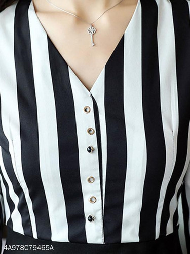 V Neck Single Breasted Striped Skater Dress