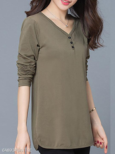 V Neck Side Slit Plain Long Sleeve T-Shirts