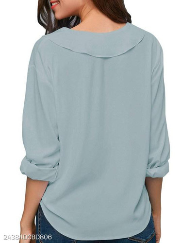 V Neck Loose Fitting Patchwork Plain Blouses