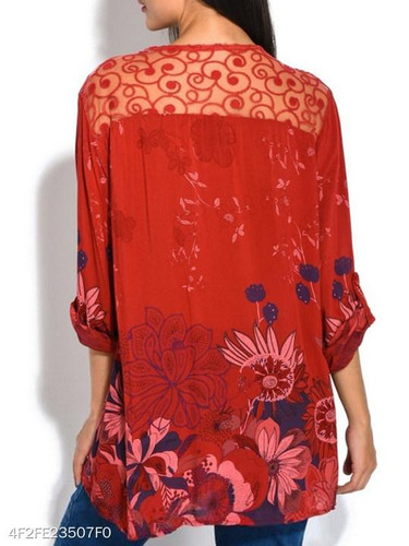 V Neck Loose Fitting Patchwork Print Blouses