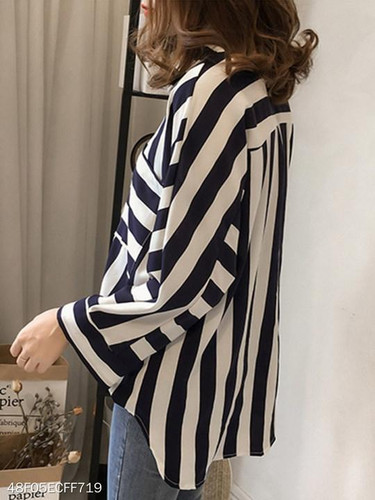 V Neck Patchwork Patchwork Stripes Blouses
