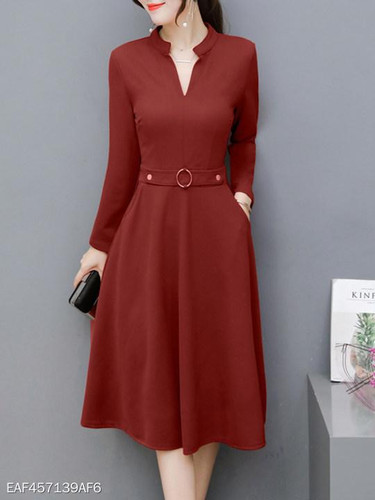 V Neck Fashion Plain Skater Dress