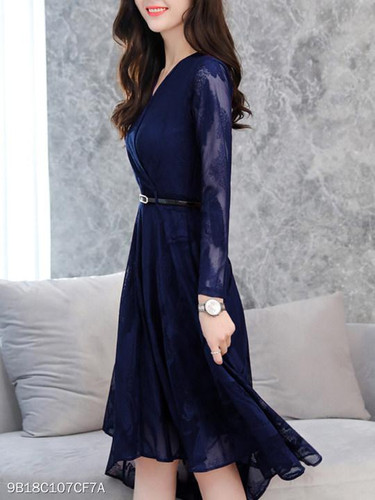 V Neck Asymmetric Hem Plain Skater Dress