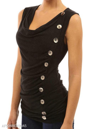 V Neck Decorative Buttons Patchwork Plain Sleeveless T-Shirts