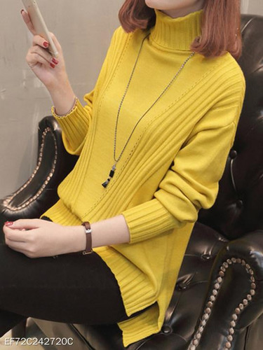 Turtle Neck Patchwork Plain Knit Pullover