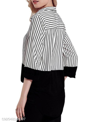 Turn Down Collar Loose Fitting Patchwork Stripes Blouses