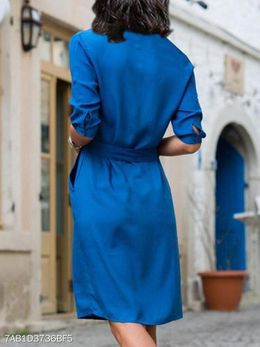 Turn Down Collar Belt Plain Shift Dress