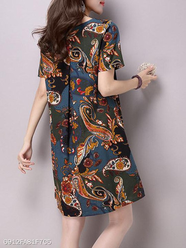 Tribal Printed Round Neck Pocket Shift Dress