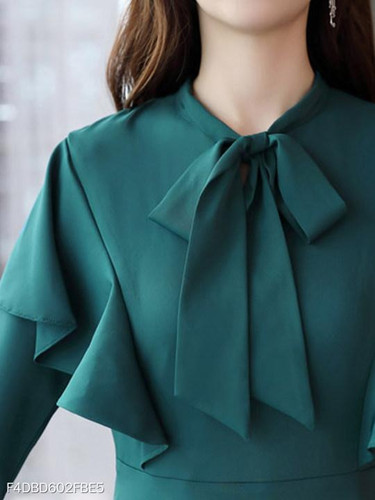 Tie Collar Flounce Plain Skater Dress