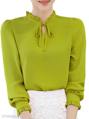 Tie Collar Ruffle Trim Keyhole Plain Blouse