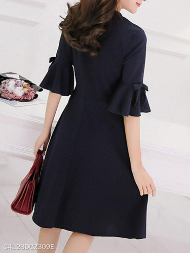 Tie Collar Plain Bowknot Bell Sleeve Skater Dress