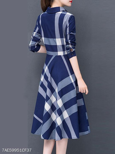 Turn Down Collar Decorative Button Plaid Skater Dress Turn Down Collar Decorative Button Plaid Skater Dress