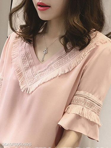 Summer Polyester Women V-Neck Fringe Plain Bell Sleeve Half Sleeve Blouses