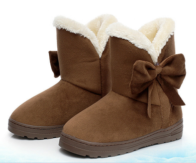 Snow Boots Winter Ankle Boots Warmer Plush Bowtie Fur Suede Rubber Flat Slip
