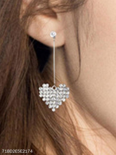 Pair Of Sliver Heart Shape Rhinestone Ear Line Earring