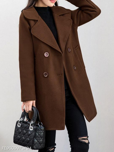Notch Lapel Double Breasted Belt Loops Plain Coat