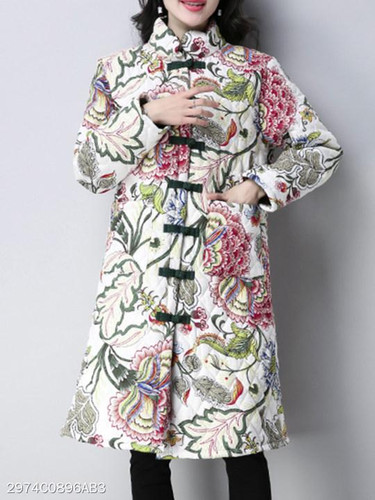 Band Collar Abstract Print Coat