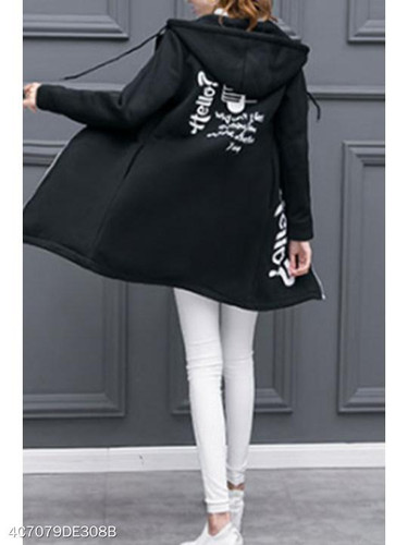 Hooded Slit Pocket Zipper Letters Coats