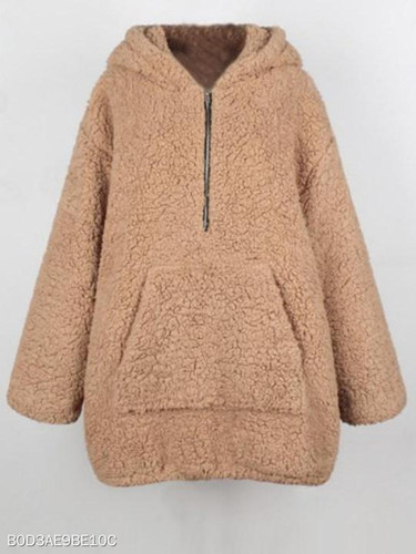 Hooded Kangaroo Pocket Zips Plain Wool Long Sleeve Coats