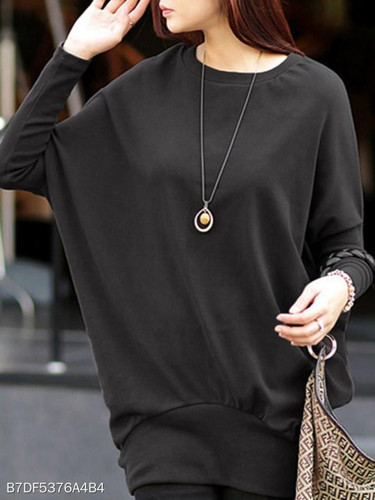 Round Neck Plain Batwing Sleeve Shift Dress