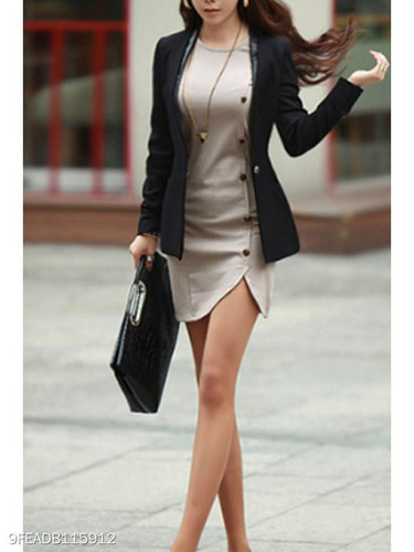 Round Neck Plain Decorative Button Slit Bodycon Dress
