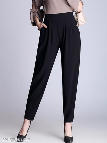 Black Elastic Waist Pocket Chiffon Casual Pegged Pants