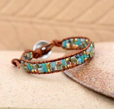 Bling Mixed Crystal Gold Beads Single Leather Wrap Bracelet Vintage Button Beaded Cuff Bracelet Women Boho Bracelet Dropship